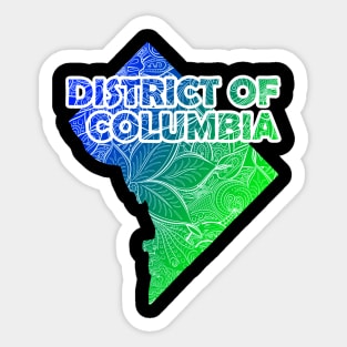 Colorful mandala art map of District of Columbia with text in blue and green Sticker